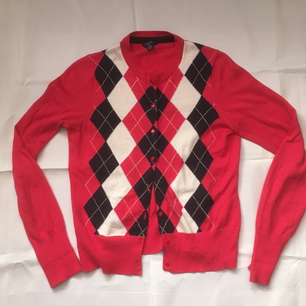 Nautica Argyle button front long sleeve cardigan.